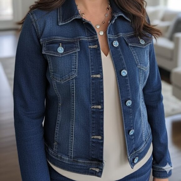 Blue Baccini Denim Jeans Jacket XL Like New Dark Wash Blue Rhinestone Buttons * - Picture 2 of 16